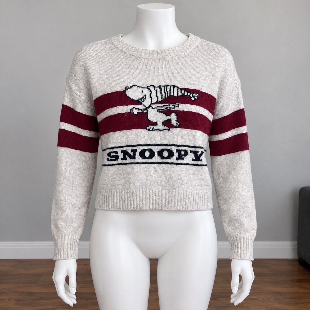 American Eagle x Peanuts Snoopy Sweater Womens M Cream Burgundy Stripe 2021